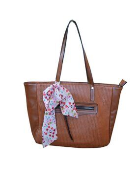 London Fog Faux Leather Brown Shoulder Bag Tote Purse Floral Scarf Bohemian